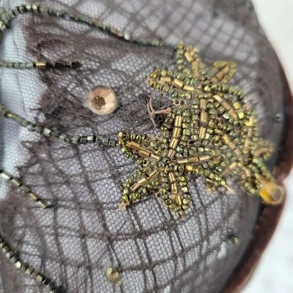 50s Tambour Embroidery Beaded Women's Hat Facinator Pillbox Mesh - Picture 9 of 16